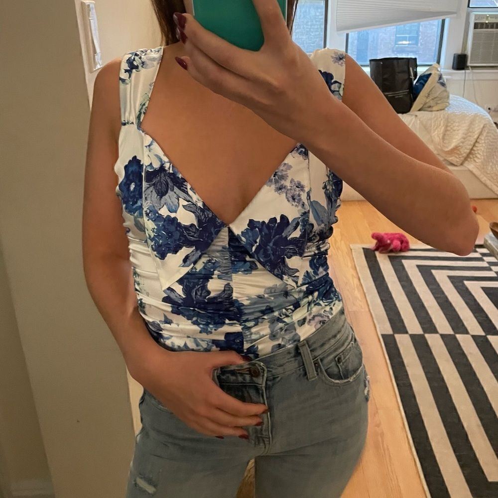 For Love & Lemons vintage floral thong bodysuit XS blue and white